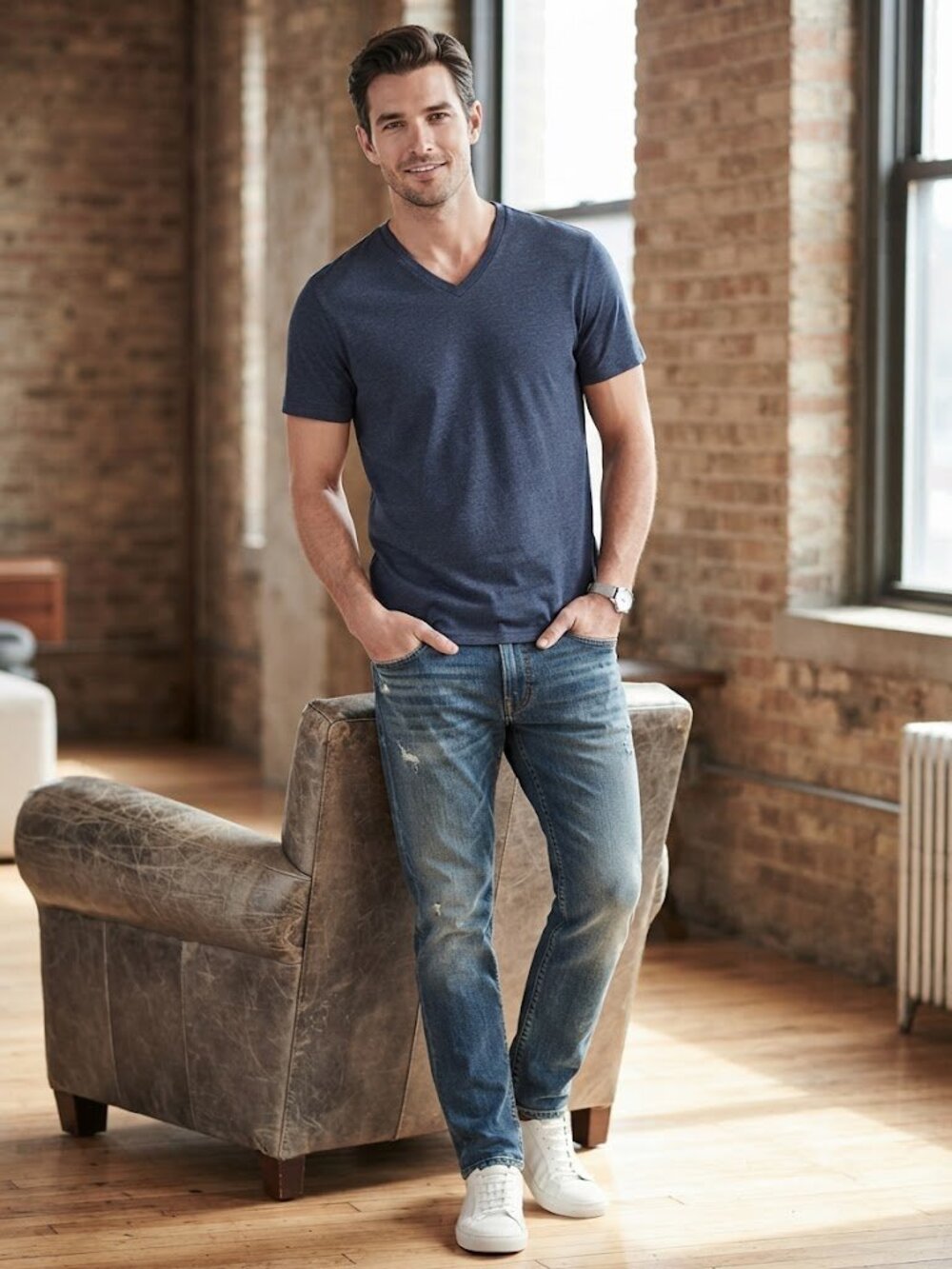 Express Men's Heathered Blue V-Neck T-Shirt Soft Stretch Tee Size M EUC